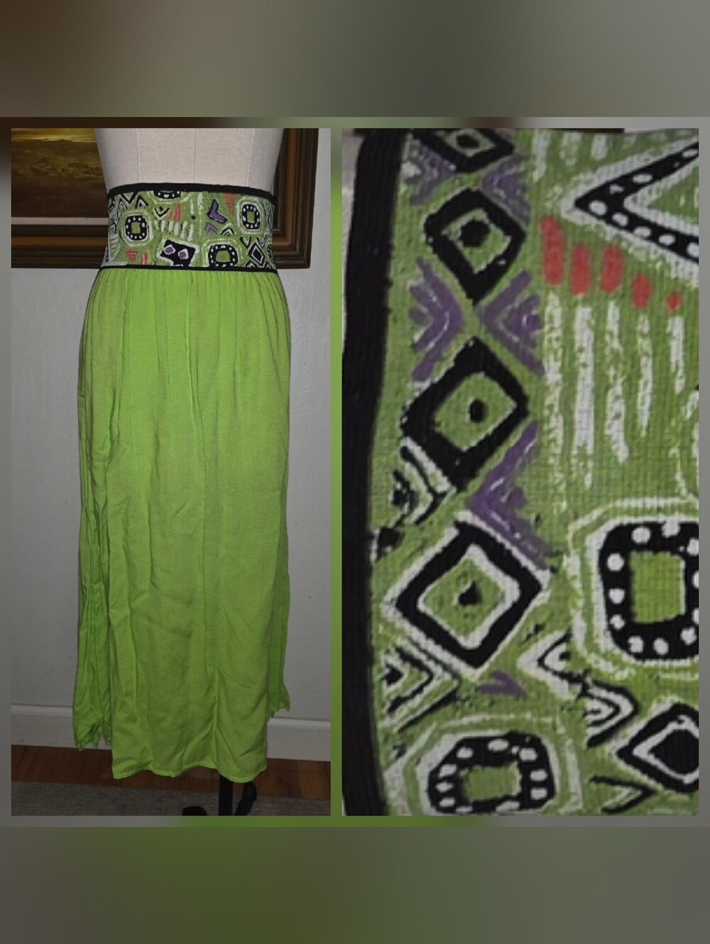Vintage Judy Knapp 1980s Wide Elastic Waist Bright Lime Green Maxi Skirt